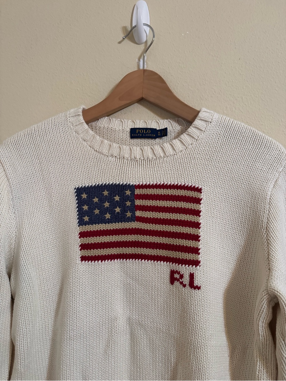 Polo Ralph Lauren American Flag Sweater USA Knit Crewneck Cream XL - Picture 2 of 5